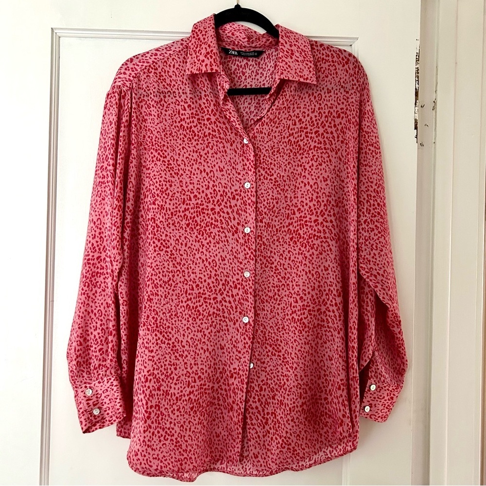 ZARA Pink & Red Leopard Animal Print Button Down Satin Blouse/ Tunic